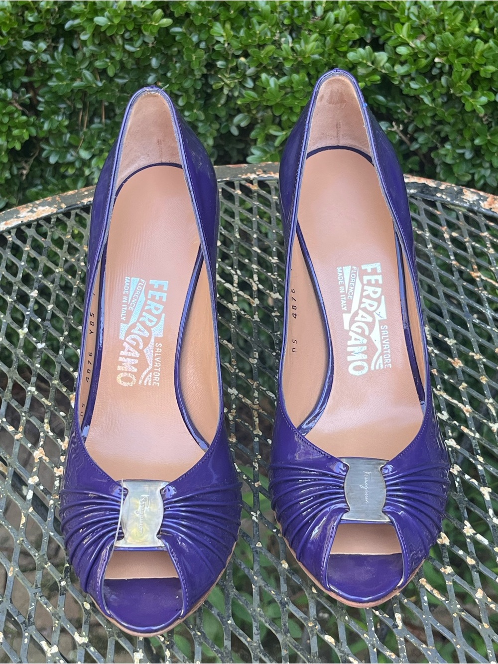 Salvatore Ferragamo Purple Patent Peep-Toe Heels with Signature Hardware